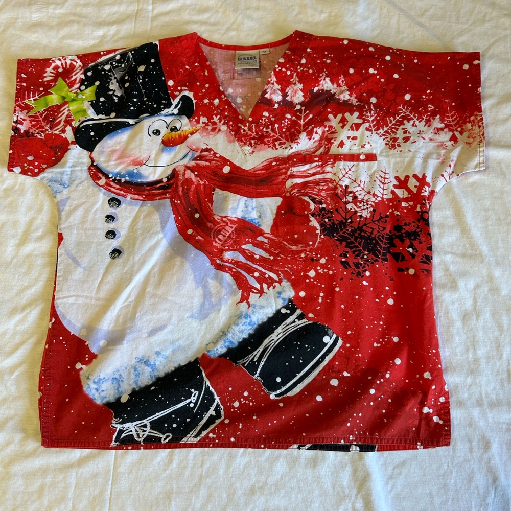 Smart Scrubs Red Snowman Print Top